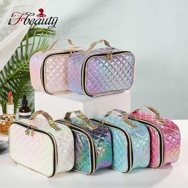 

fashion pu portable cosmetic case makeup organizer creative square laser color plaid bag storage bag1