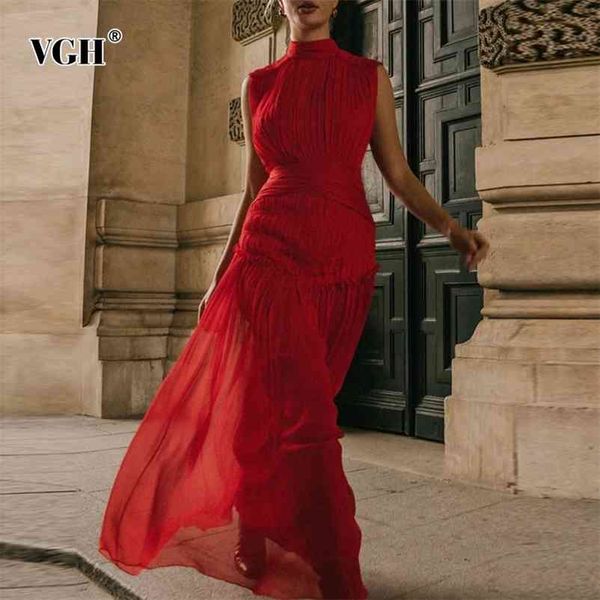 

vgh chiffon ruched dress for women stand collar sleeveless high waist maxi dresses female summer fashion new clothing tide 210331, Black;gray