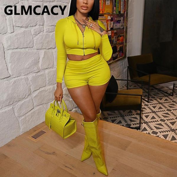 

women's tracksuits two piece casual long sleeve zip up crop & slim shorts set, Gray