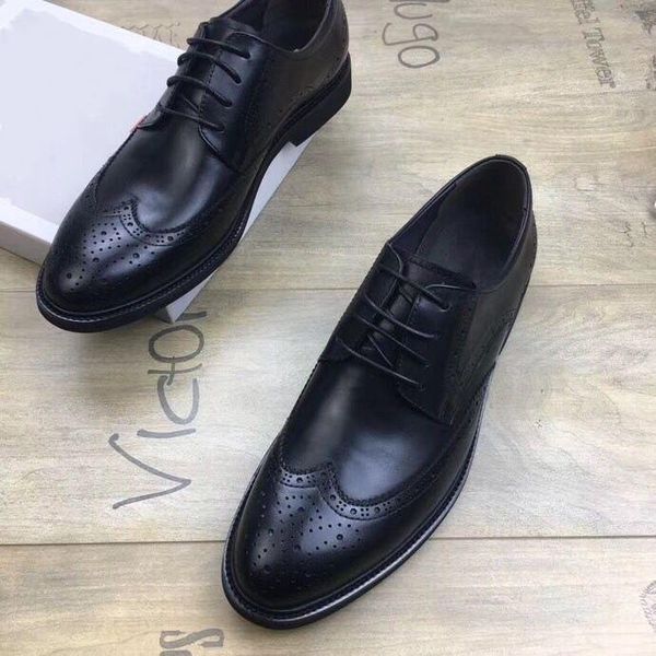 

pure color black men's shoes, genuine leather business formal brogue fashionable wedding british shoes. dress shoes