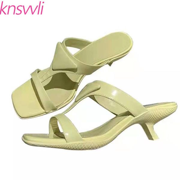 

color kitten heels slippers women genuine leather mules sandals triangle decoration summer runway shoes woman, Black