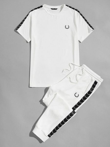 

men contrast sideseam tee and drawstring waist joggers set p7wy#, Gray