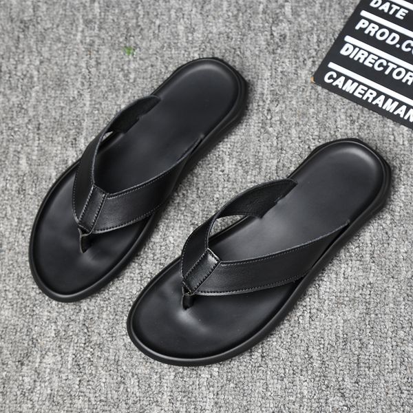 

men flat sandals genuine leather flip flops classic roman outdoor beach slipper shoes summer men casual non-slip sandals, Black