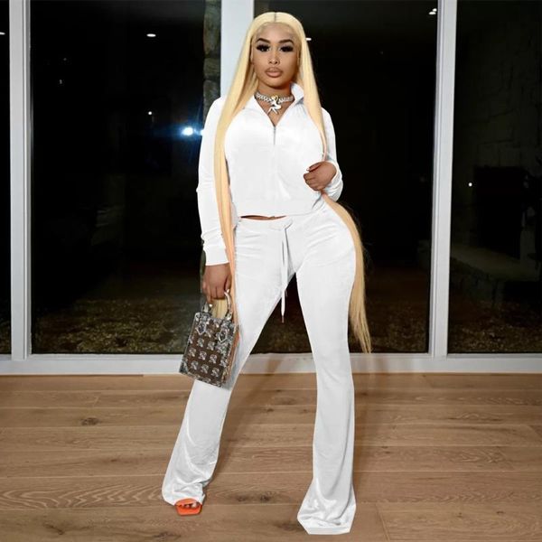 

women's two piece pants hhdmv 2021 autumn high-end suede set high waist sweet daily solid full sleeve long boot cut skinny women 2, White