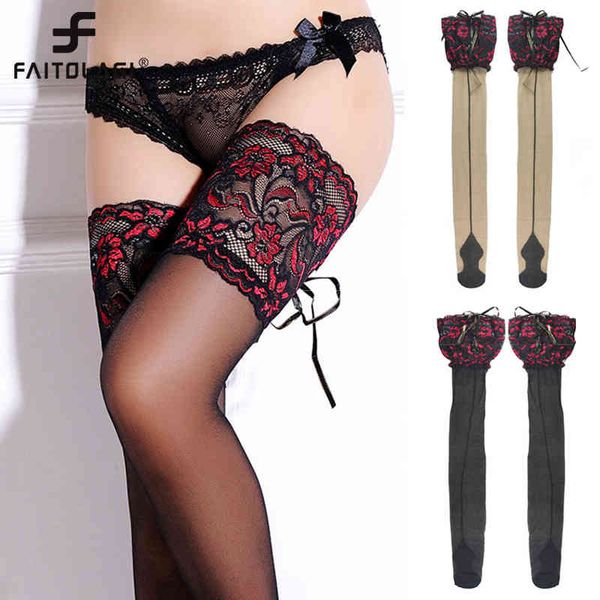 

women fishnet stockings thigh high socks heel back seam female wide lace flower silicone cross bandage stocking, Black
