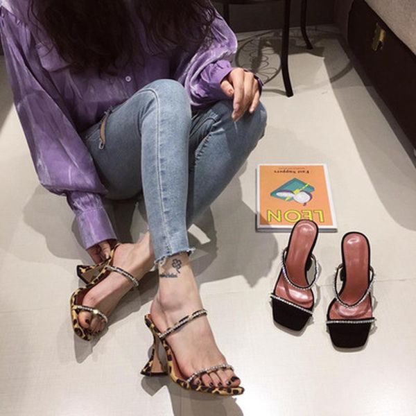 

sandals europe tide slipper square toe wine glass heel rhinestone high heels large size woman sandal zapatos para mujer shoes, Black