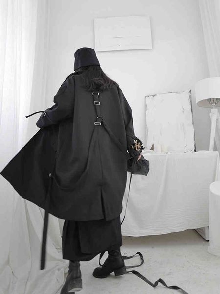 

women's jackets [eam] loose fit black buckle asymmetrical big size long jacket lapel sleeve women coat fashion tide spring 1s655 201014, Black;brown