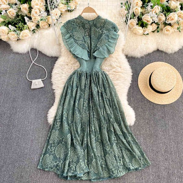 

women's sweaters summer fashion temperament elegant french women's dresses ruffled waistline and thin tempers midi lace dress c416, White;black