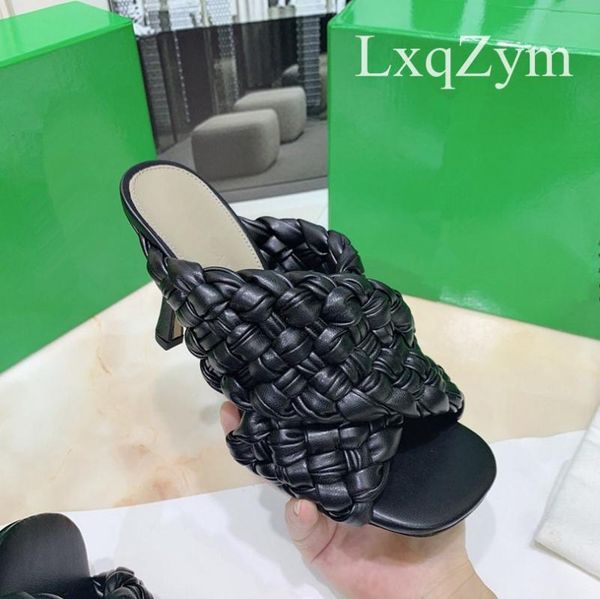 

est women slides squared open toe weave high heel slippers brand designer summer outdoor slipper trend shoes for female, Black