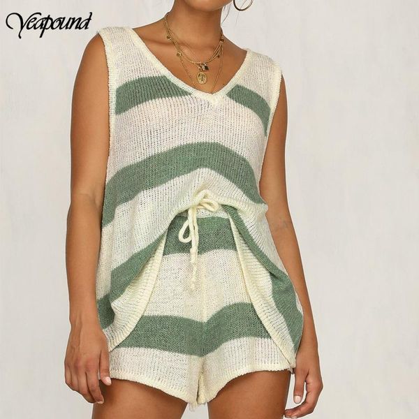 

two piece dress summer elegant stripe print knitted vest +shorts women pieces set casual high waist drawstring shorts female outfits, White