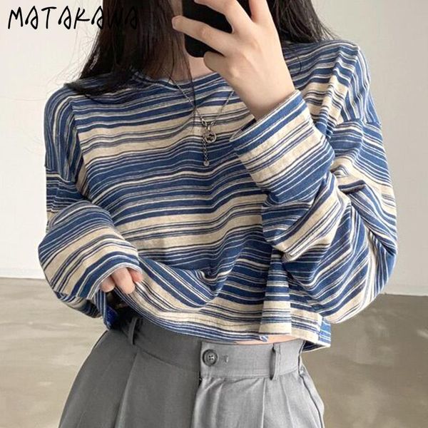 

women's blouses & shirts matakawa summer striped pullover shirt women contrast color o neck long sleeve casual blouse korean vintage lo, White