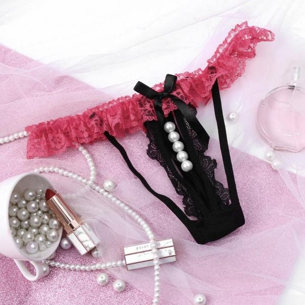 

fashion women panties hole translucent underwear sheer lace tank pearl micro string colaless brazilian women's, Black;pink