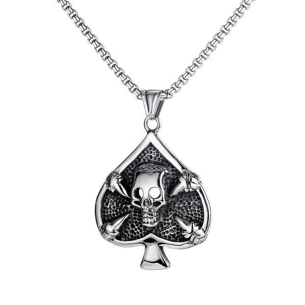 

chains hip hop jewelry punk style stainless steel chain necklaces for women men fashion playing cards spades skeleton skull pendants, Silver