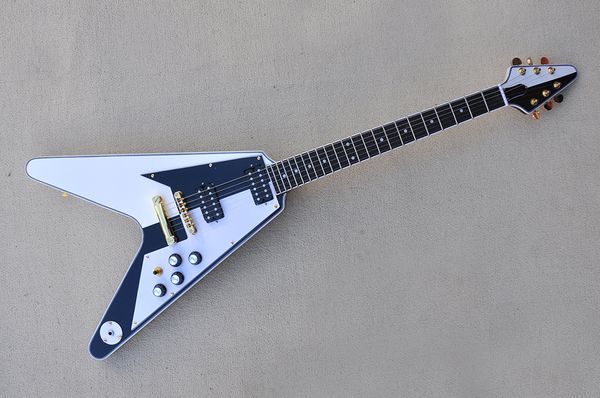 

factory flying v black and white electric guitar with mahogany body and neck,gold hardware,rosewood fingerboard, can be customized
