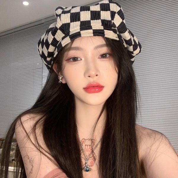 

beanies women autumn winter plaid checkerboard beret hats for retro berets fashion female spring black girl adjustable caps