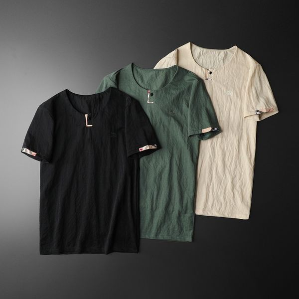 

fashion t shirts men's cotton linen short sleeve round neck casual 2021 summer half wear, White;black