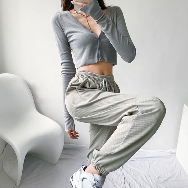 

women's pants & capris waffle women pure color jogging sweatpants for baggy sports gray jogger casual female trousers, Black;white