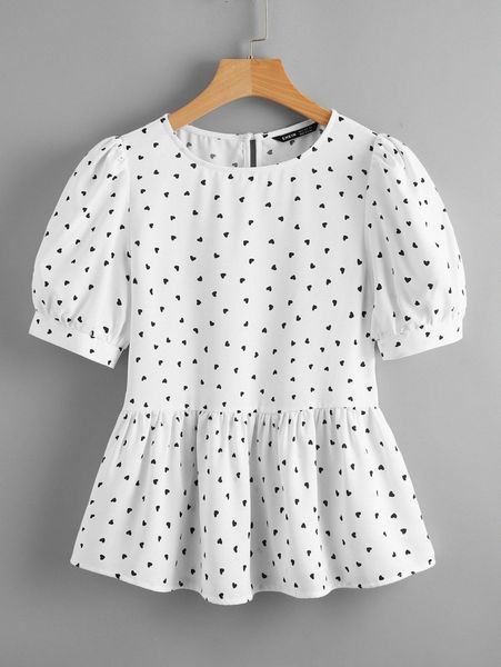 

heart print puff sleeve peplum h5e6#, White