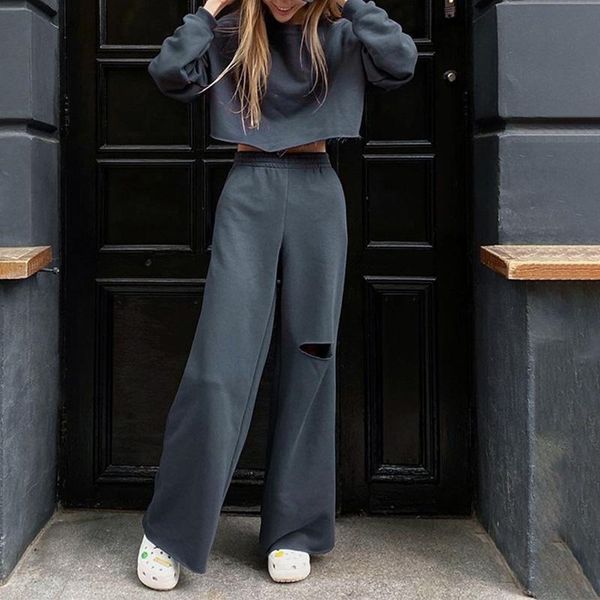 

women's two piece pants women tracksuit crop trousers set sweatshirt hole wide leg sets female 2021 autumn ladies casual outfits, White