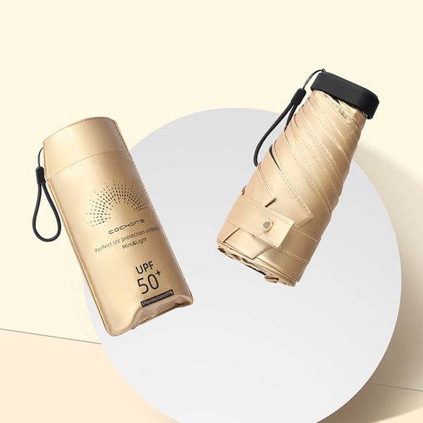 Super Mini Parasol Golden Coating Sunscreen Pátio UV Guarda-chuva Mulheres Designer Liso Bolso Ao Ar Livre Guarda-chuvas Windproof 6K