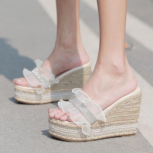 

slippers lace glitter slides house platform shoes woman 2021 on a wedge heeled mules shale female beach rubber flip flops pantof, Black