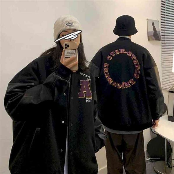 

men womens baseball uniform jacket autumn hong kong style korean letter embroidery coat loose stitching thicken lovers 210914, Black;brown