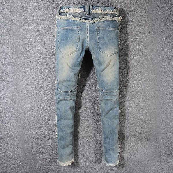 Moda Slim Fit erkek Düz Patchwork Kot Vintage Stil Erkekler Yaz Yıkanmış Denim Fringe Biker Pantolon