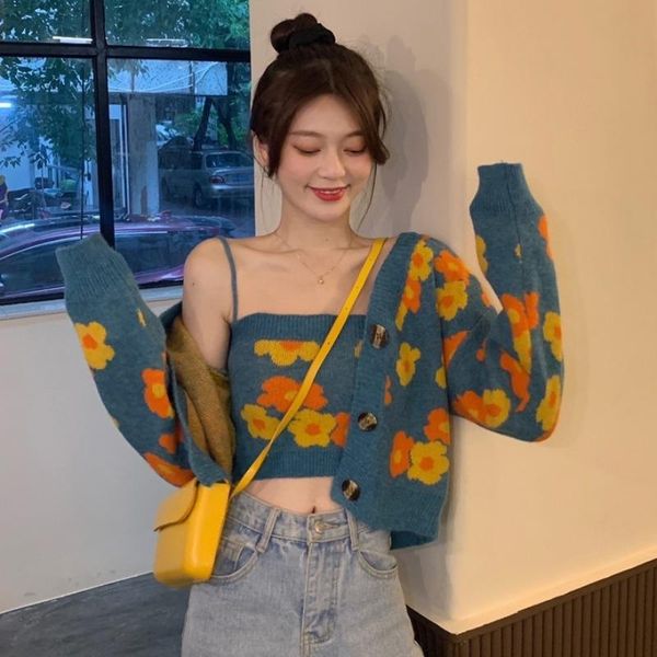 

women's knits & tees korean style chic vintage print knitted cardigans women autumn 2021 long sleeve casual sweater coat sweet fresh su, White