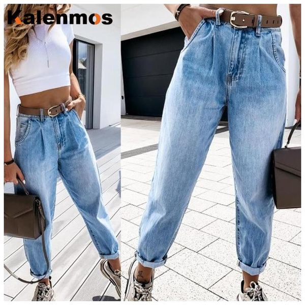 

denim pants women high waist washed jeans pocket bleached summer casual trousers 2021 baggy jean vintage clothes women's, Blue