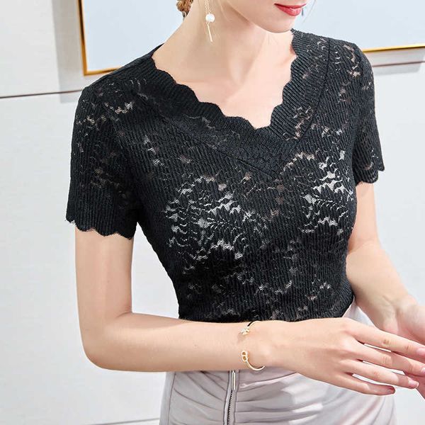 

wavy edge v-neck lace short-sleeved female foreign small shirt hollow t-shirt summer women's 210603, White