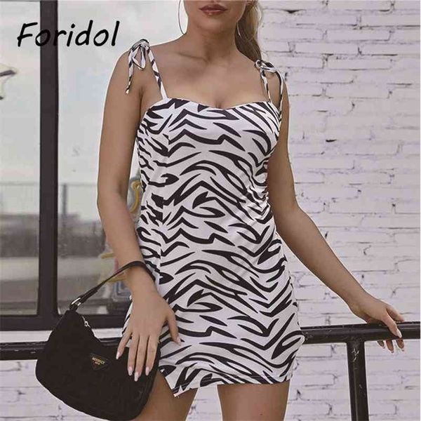 Foridol Strap Sem Mangas Slip Dress Sexy Zebra Imprimir Bodycon Mini Bainha Bainha Curta Verão Clube Party 210415