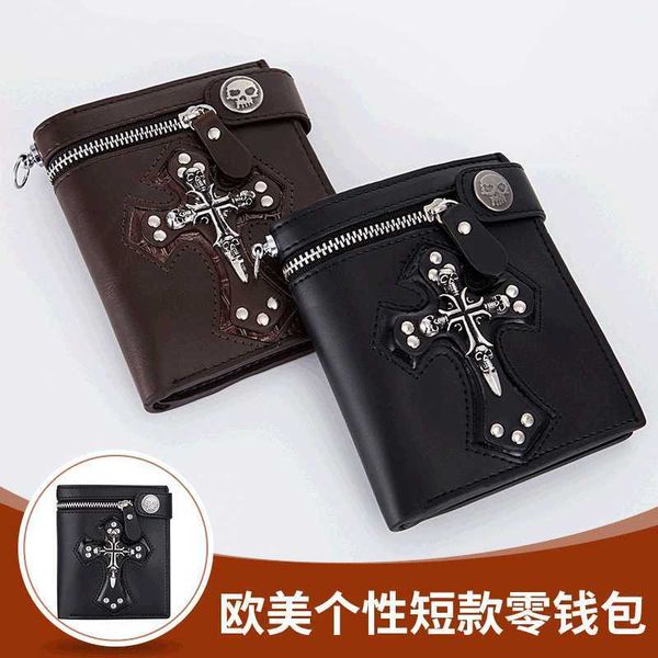 

new wallet personalized men's skull cross anti theft chain zero rivet wallet, Black