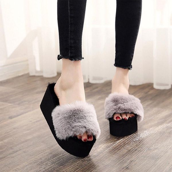 

slippers autumn winter fluffy plush platform women indoor\outdoor wedges shoes plus short thick bottom cake heel, Black