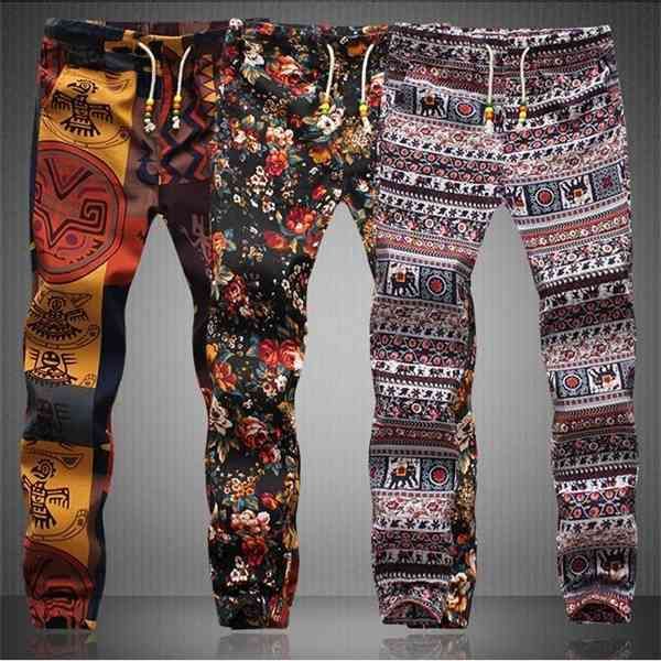 

wholesale-new summer style men pants special offer harem pants floral print cotton linen strip elastic waist mens joggers sweatpants, Black