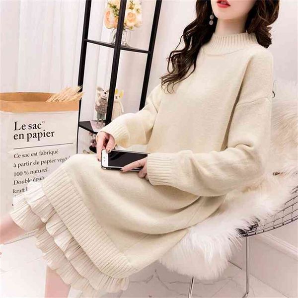

female sweater autumn and winter thick warm long solid color sleeves over the knee velvet hem knit 210427, White;black