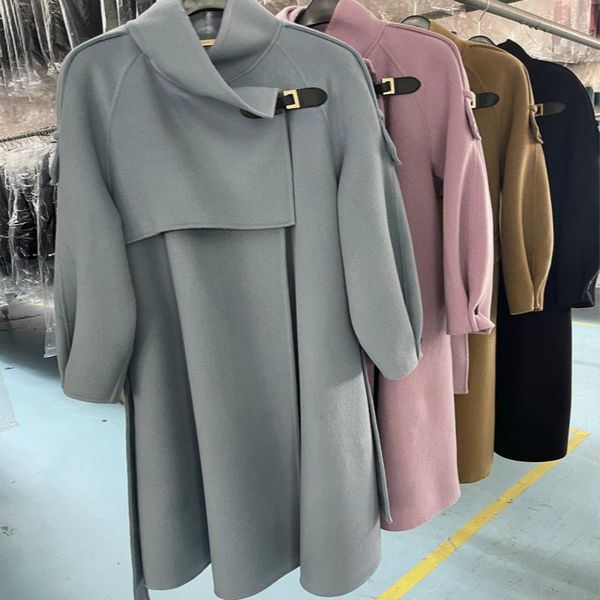 

women's wool & blends 2021 winter stand collar warm long korean handmade lacing belt double-sided 100% coat women loose woolen overcoat, Black