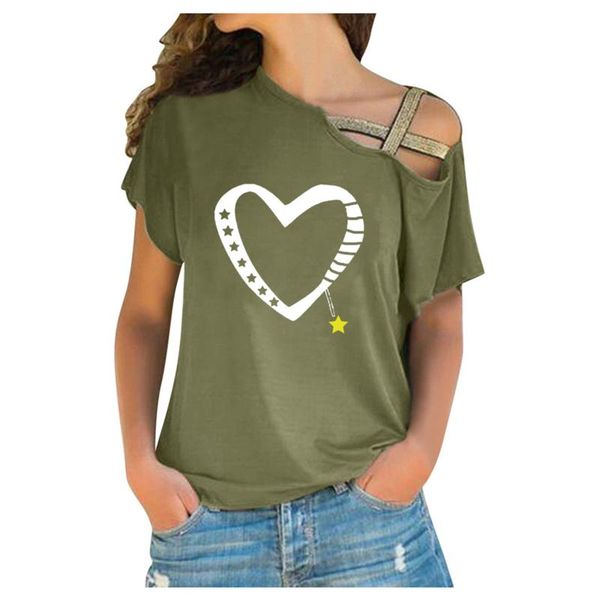 

t-shirts women ladies strapless casual cross shoulder irregular short sleeve t-shirt heart print harajuku plus size shirts women's, White