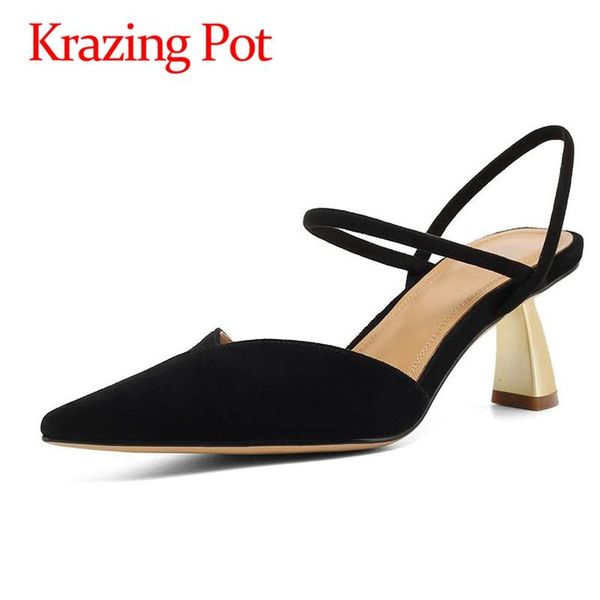 

krazing pot genuine leather pointe toe strange style solid high heels shallow beauty lady dating slip on mules women pumps l28 dress shoes, Black