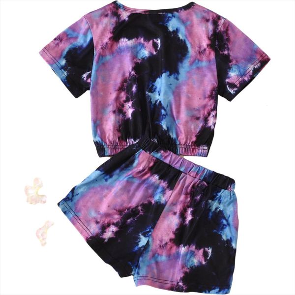 

2 pieces kids suit set, tie dye print round collar short sleeve pullover shorts for summer, purple, 4 9 years, White
