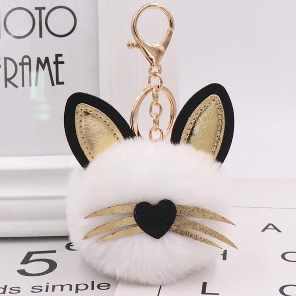 

keychains 10pcs/lot girls fashion jewelry cute cat with leather ears fluffy pendant key ring for women bags car decoration, Silver