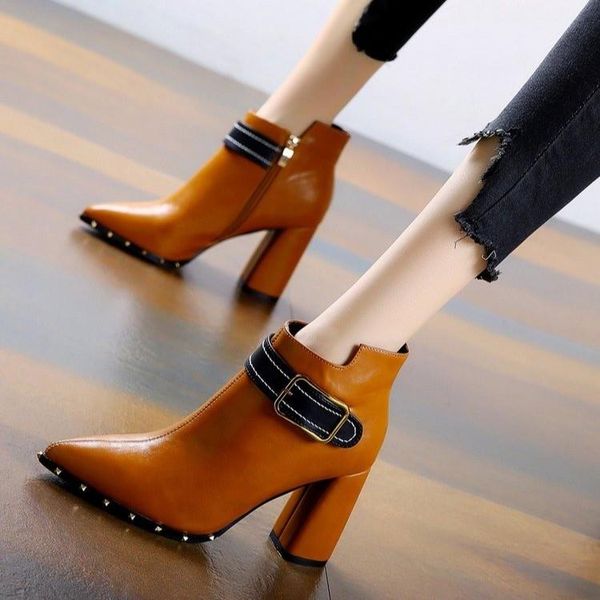 

dress shoes pointed toe ankle boots women pumps solid color rivet party winter thick heel high zapatillas mujer, Black