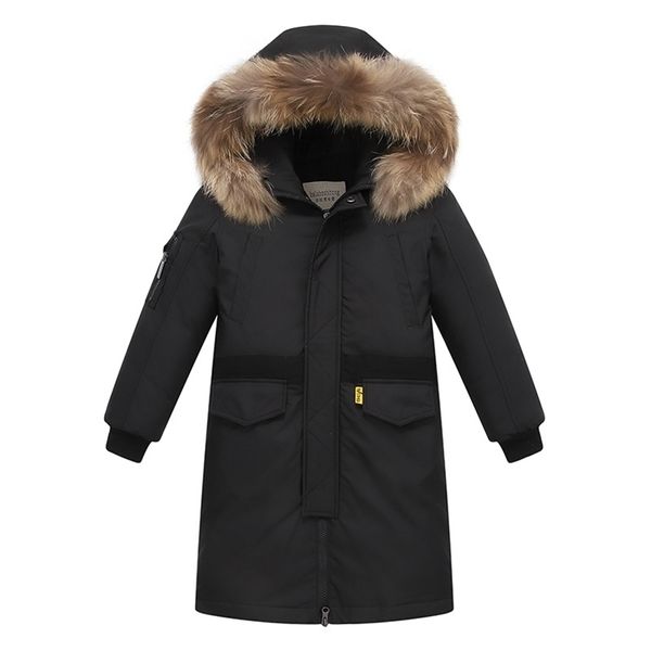 Kids Winter Down Jackets Real Fur Collar Children Warm Hooded Outerwear Coat For Teen Boys 5-16 Years Parkas -30 Degree TX0 211203