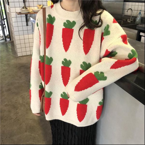 

cute winter korean style womens sweater kawaii carrot pattern casual oversized long sleeve knitted pullover jumper t368, White;black