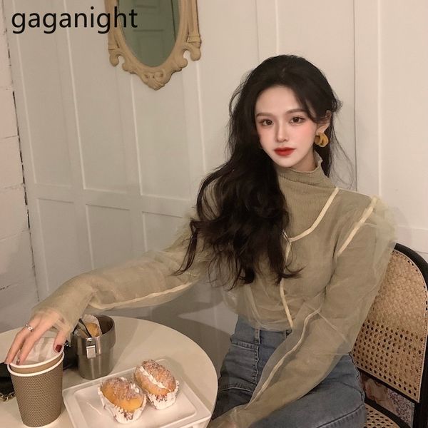 

gaganight korean chic turtleneck spring shirts two pieces women basic fashion all match long sleeve mesh office ladies 210519, White