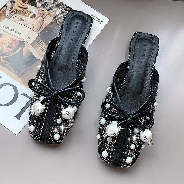 

sandals 2021 pearl embellished mules flats women slip on slippers low heel black white slipper slides chausson femme gg3z