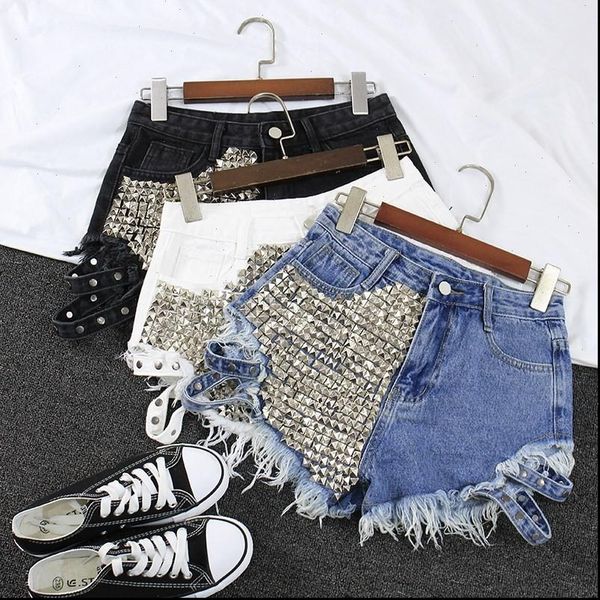 

women shorts womens fashion brand vintage tassel rivet ripped high waisted short jeans punk woman denim, White;black