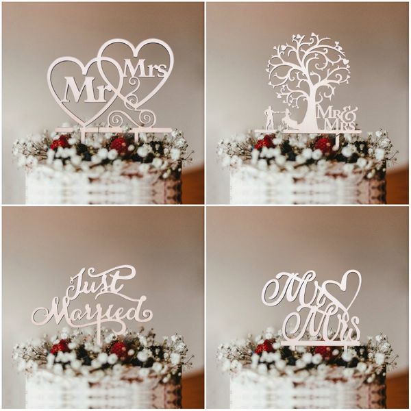 20 pcs Hollow letra amor apenas casado mrmrs bolo topper noiva e noivo de madeira de casamento coberto de casamento para material de festa de casamento