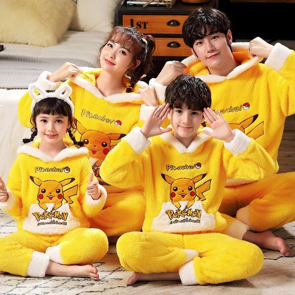 

winter parent-child pajama set children's flannel pyjamas thickened plush hoodie long sleeved animal panda women men homewear women&#03, Black