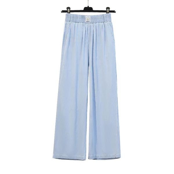 

women's jeans summer show thin straight tube breathable soft elastic waist pants wide leg pants[1-8575#], Blue