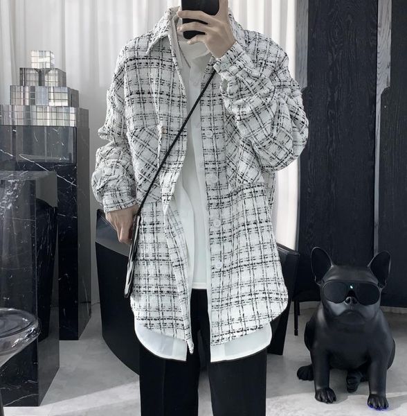 

men's casual shirts loose korean style oversize plaid long sleeve fashion summer button up shirt ropa hombre clothing db60sh, White;black